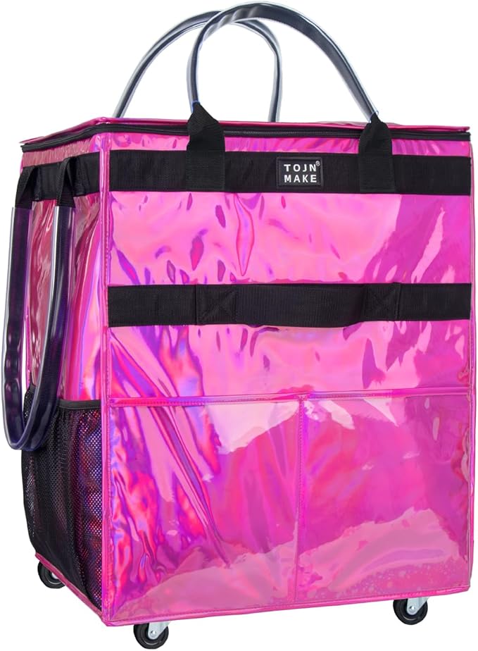 Reusable Grocery Bag with Wheels (Large, Glitter Pink), Shopping Trolley with 8 Pockets and Zipper Cover Foldable Rolling Tote for Women, Kitchen, Travel, Carries Up to 76LBS