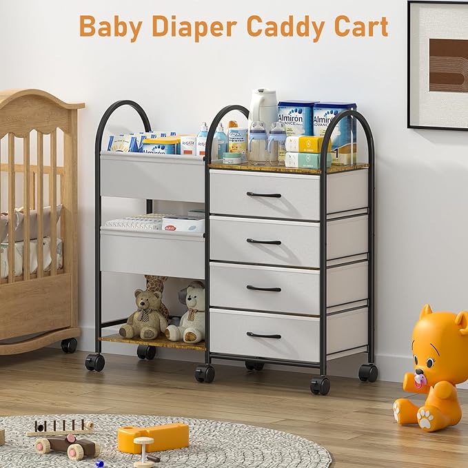 Baby Diaper Caddy Organizer Cart with Wheels, 4-Tier Rolling Diaper Cart with Dividers and Drawers, Multi-Layer Nursery Stora