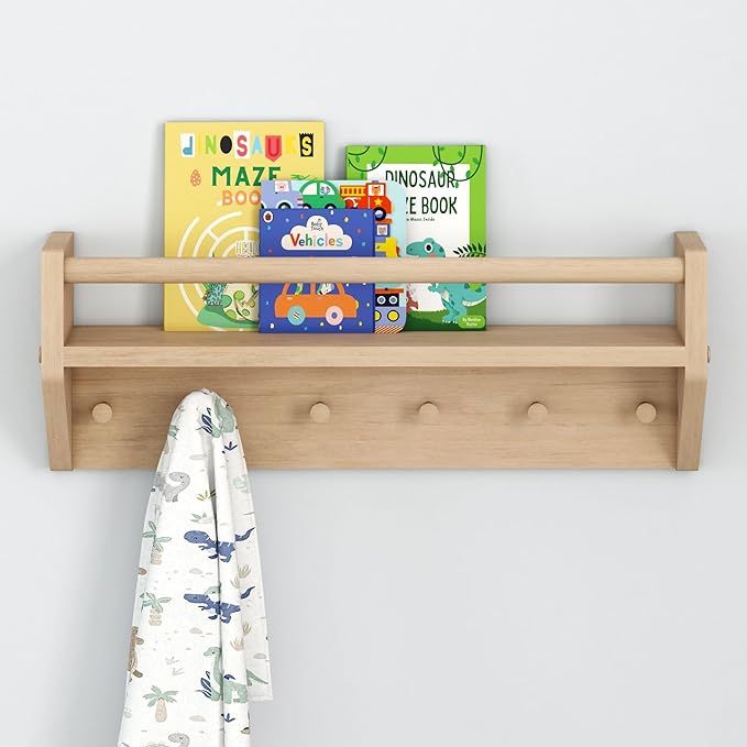 Max & Lily Wall Shelf with Pegs, 24 Inch Floating Bookshelf for Kids Room, Solid Wood Wall-Mounted Storage Shelf with Hooks f