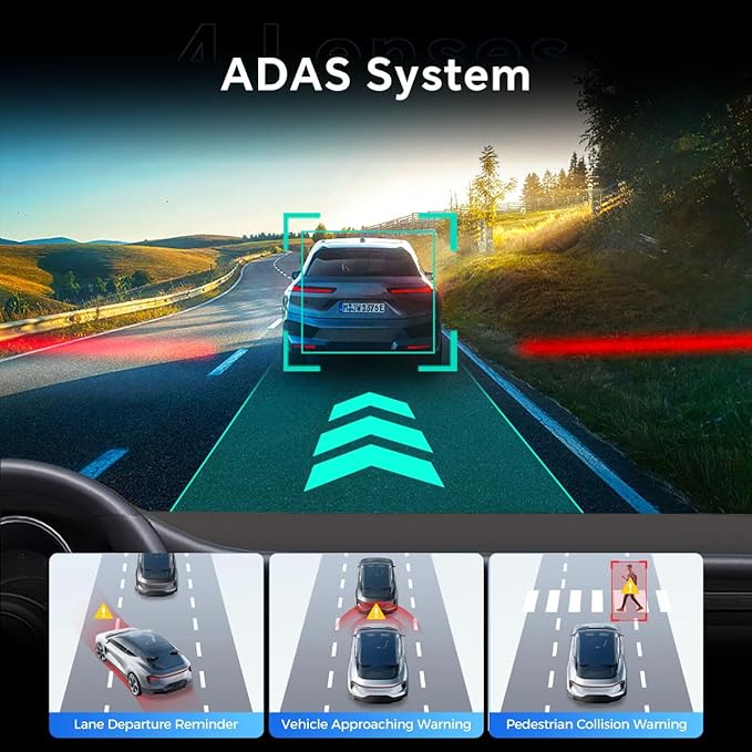 D80 4-Channel 4K Rear View Mirror Camera with ADAS and BSD,11” Touchscreen, Front and Rear and Left and Right Camera for Car，