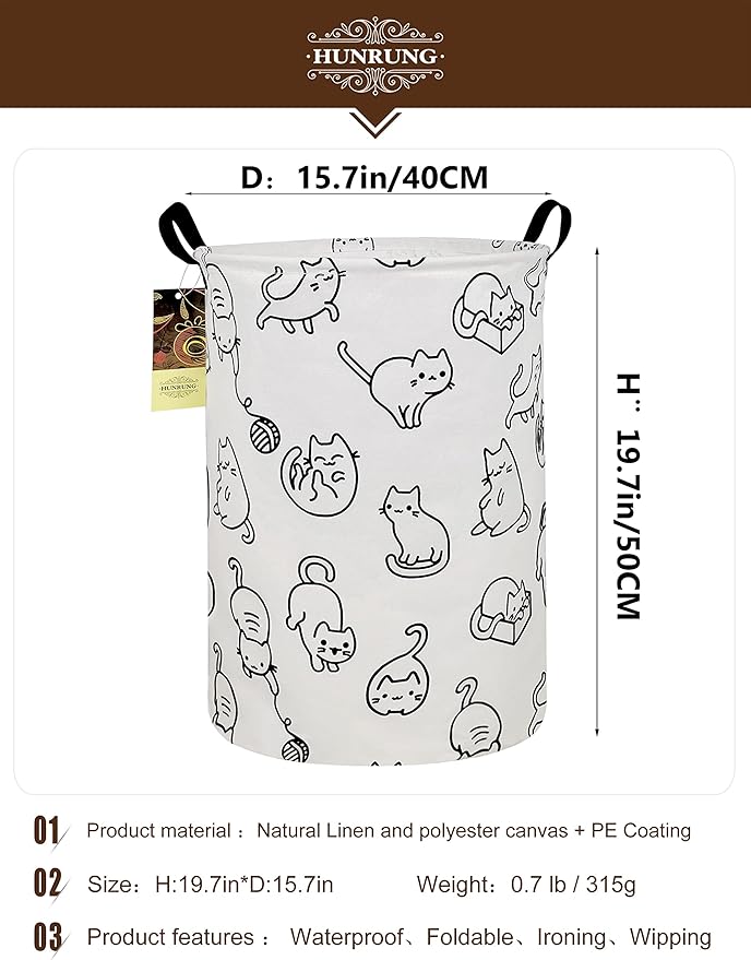 HUNRUNG Laundry Hamper,Large Canvas Fabric Lightweight Storage Basket Toy Organizer Dirty Clothes Collapsible Waterproof for 