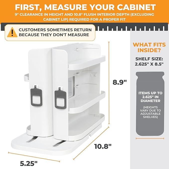 Cabinet Caddy SNAP! Spice Rack Organizer for Cabinet - Slide & Rotate Seasoning Organizer - 4 Snap-In Adjustable Shelves for 