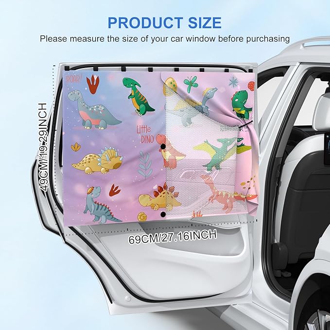 Car Window Shades with 8 Magnets-26.8"x19.7" Car Rear/Side Window Sunshade for Baby Semi-Transparent 2-in-1 Universal Auto Sun Shade for Kid & Pet Protection (2 Pack) Dinosaur Cartoon