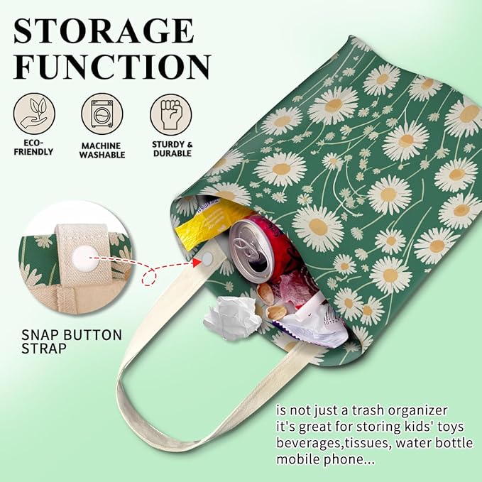 Car Trash Can, Cute Car Trash Bag, Hanging Car Organizer and Storage Bag, Trash Bin for Car Accessories, Vehicle, Travelling, Camping White Green Floral