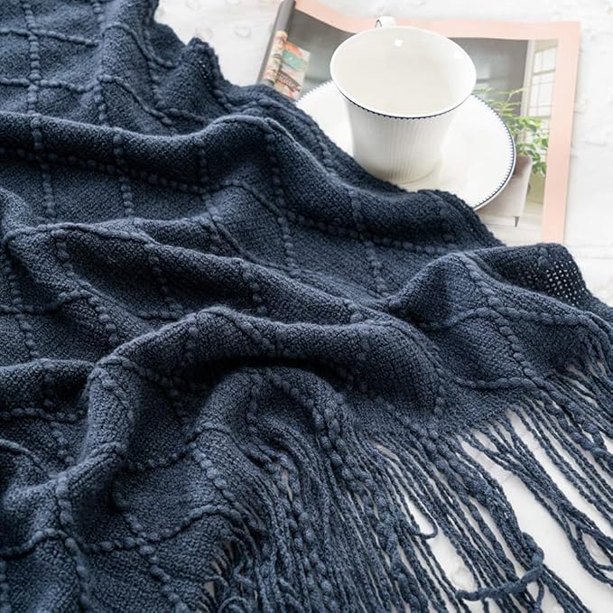 BATTILO HOME Navy Blue Throw Blanket with Fringe, Geometric Bed Blue Throws, Spring Decorative Large Throw for Couch Sofa Ind