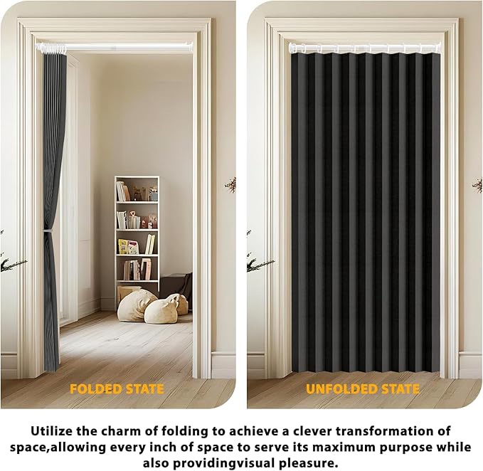 Jilron Accordion Door Curtain Set - 100% Blackout, with Curtain Rod Included, for Bedroom Privacy Protection (Black-43 W x 78