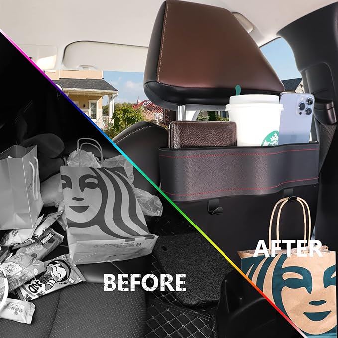 Backseat Car Organizer with Cup Holder, Premium Leather Backseat Car Organizer for Snacks, Canned Drinks, and Phone with Two Seat Hooks, Perfect for Travel - 2-Pack