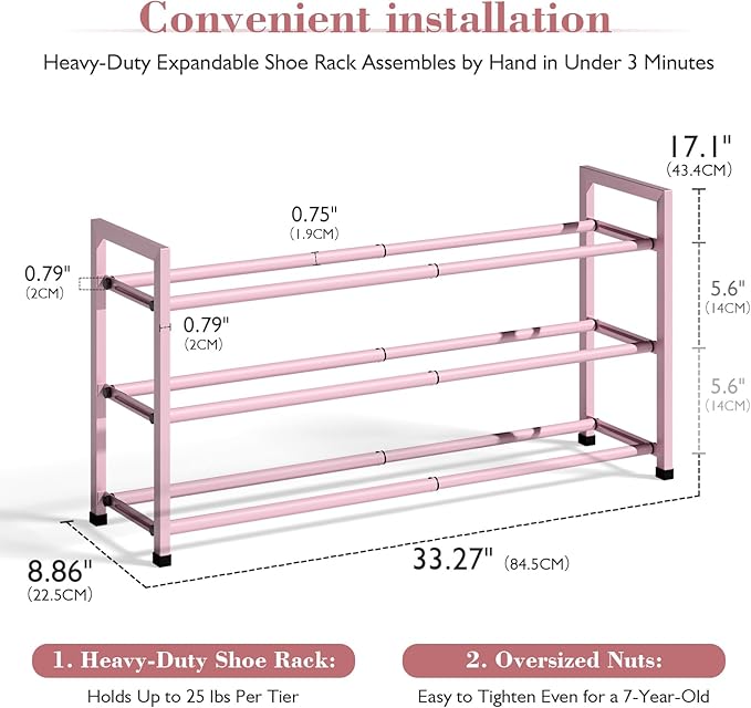Bumusty 3-Tier Expandable Shoe Rack for Closet, 18“-33” Adjustable Shoe Rack for Small Space, Small Shoe Organizer for Front 