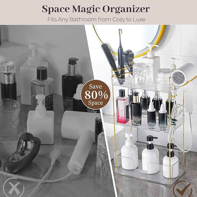 Bathroom Counter Organizer Countertop, 3 Tier Makeup Perfume Storage with Hair Dryer Rack and Toothbrush Holder, Cosmetic Tra