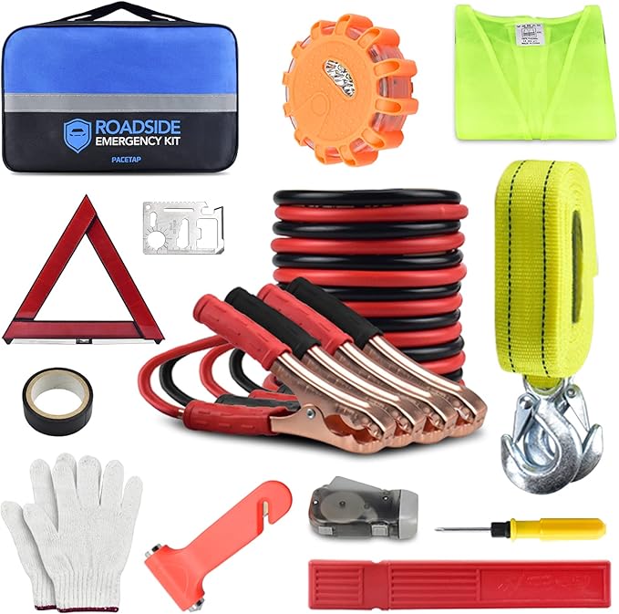 PACETAP Car Roadside Emergency Kit, Essential Auto Safety Road Side Assistance Tool Kit with Jumper Cables, Towing Rope, Tria