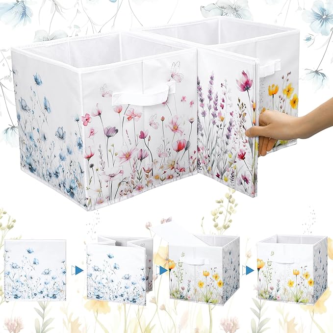 Geelin 6 Pcs WildFlower Cube Storage Bins 11 Inch White Storage Basket with Handle, Preppy Girls Organizer Basket, Collapsibl