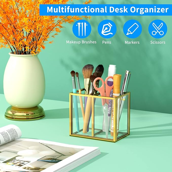 NIUBEE Gold Acrylic Pen Holder for Desk, Clear Pencil Cup Organizer Makeup Brush Holder, Acrylic Desk Organizers and Accessor