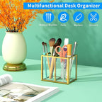 NIUBEE Gold Acrylic Pen Holder for Desk, Clear Pencil Cup Organizer Makeup Brush Holder, Acrylic Desk Organizers and Accessor