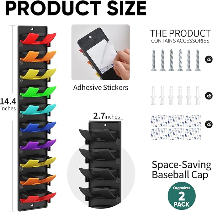 Hat Organizer for Baseball Caps 2 Pack, Wall Mounted Hat Rack Holds Up to 20 Hats, Cap Holder Display for Door & Closet, Hat 
