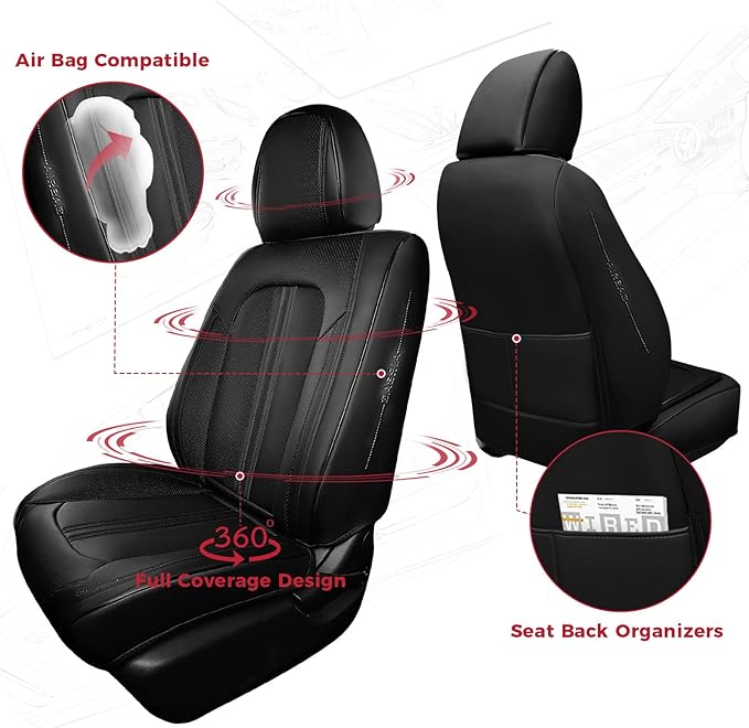 FREESOO Black Car Seat Covers Full Set, Universal Leather Seat Covers for Cars Trucks SUV, Waterproof Car Seat Cover Back Sea