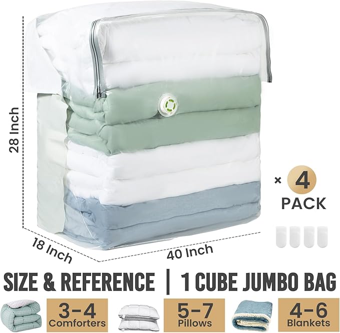 TAILI Vacuum Storage Bags 4 Pack, Extra Large Cube (40x28x18x18 Inch), Supe Jumbo Vacuum Seal Bags for Bedding Comforter, Bla