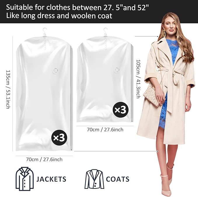 Hanging Vacuum Storage Bags, 6 Pack Large Hanging Space Saver Bags, Vacuum Sealed for Clothes Suits Dress Jackets for Moving 