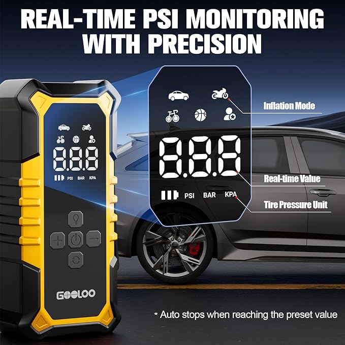 GOOLOO A6 Gear Portable Tire Inflator, 160 PSI Portable Cordless Air Compressor with Digital Pressure Gauge & LED Light for Cars, Bikes, Motorcycles, and Balls
