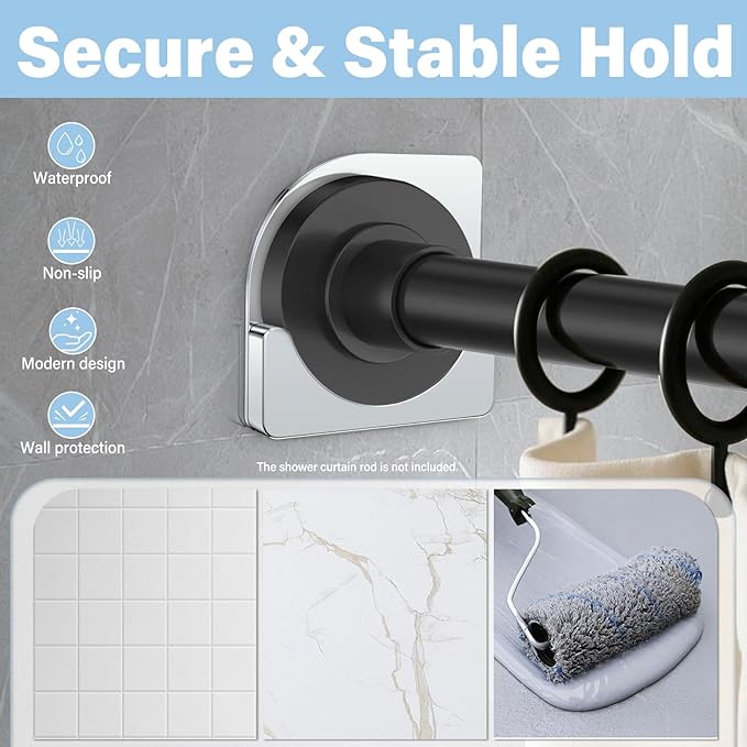 Metal Shower Curtain Rod Holders, Heavy Duty No Drill Adhesive Wall Mount or Screw Brackets, Rustproof Waterproof Rod Support