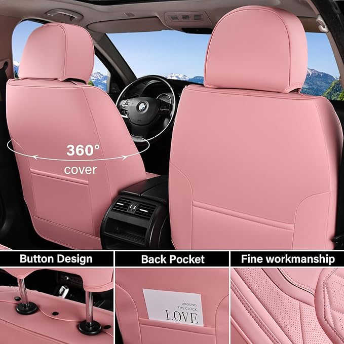 Coverado Car Seat Covers Full Set, Pink Leather Seat Covers for Cars, Universal Waterproof Car Seat Cover, Luxury Front and B