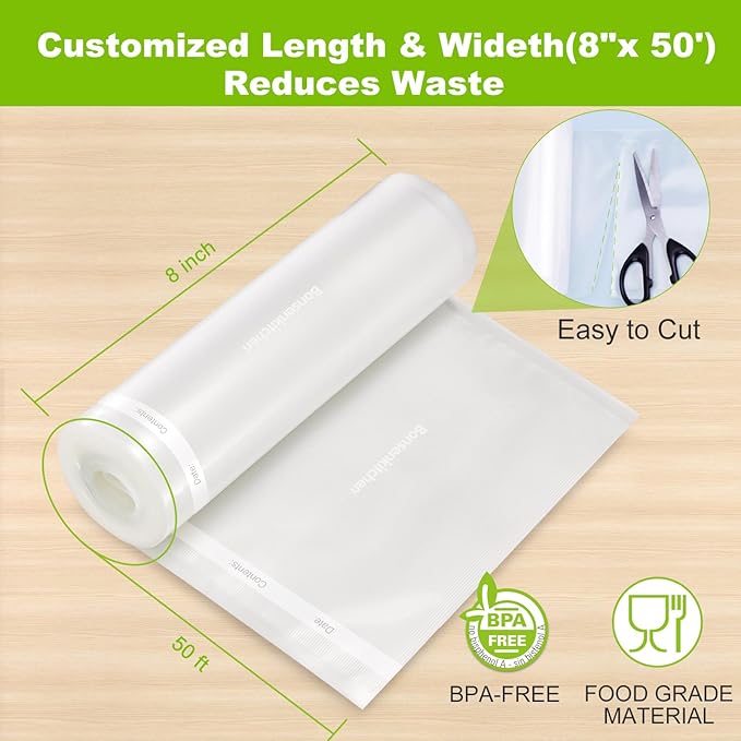 Bonsenkitchen Vacuum Sealer Bags, 8" x 50' Rolls 2 pack for Food Storage Saver, Bpa Free, Heavy Duty, Commercial Grade Textur