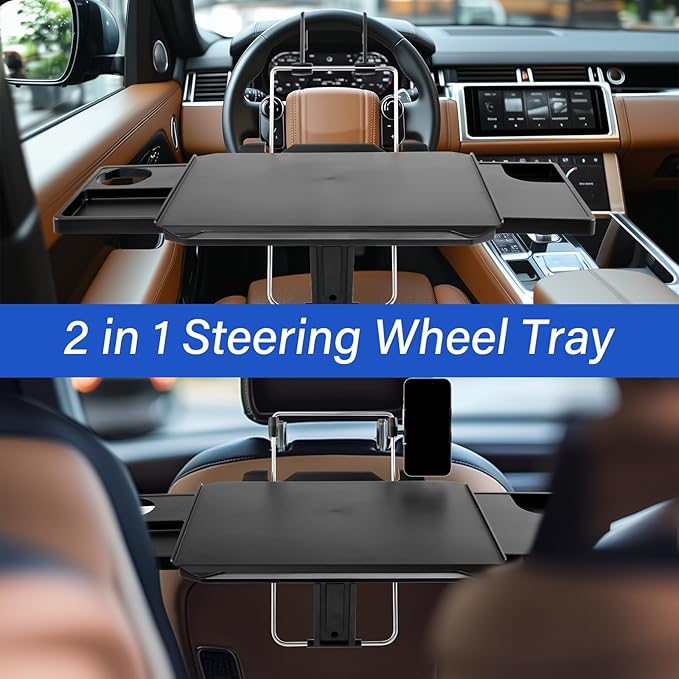 Large Car Steering Wheel Tray, Adjustable Back Seat Headrest Tray, Laptop Mount Steering Wheel Desk with Drawer, Car Tray Cup Slot and Tablet Slot with Phone Holder for Large SUV,Truck,Van