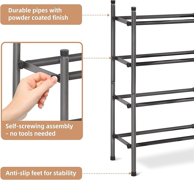 STORAGE MANIAC Expandable Shoe Rack, 16 Pairs Stackable Small Shoe Rack, Metal Adjustable Shoes Organizer for Closet, Entrywa