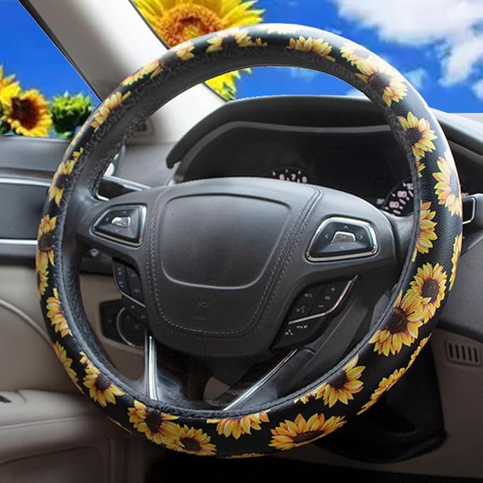 Dotesy Leather Flowers Car Steering Wheel Cover, Fashion Floral Steering Wheel Protector Universal for 36-38cm Anti Slip Auto