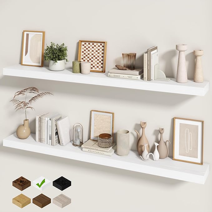 Fun Memories 60 Inch Fireplace Mantel - Long Floating Shelf, Wall Mounted Farmhouse Display with Invisible Heavy Duty Metal B