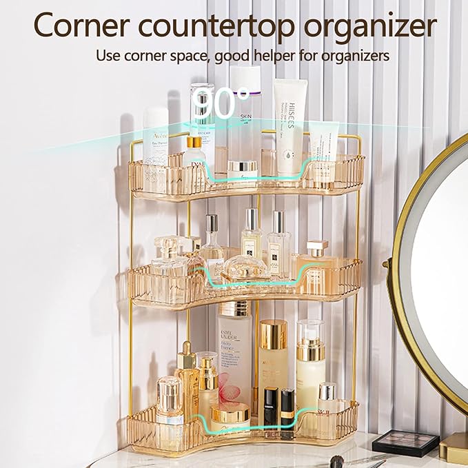 shuang qing 3-Tier Corner Bathroom Counter Organizer – Classic Storage Shelf for Makeup, Perfume & Toiletries, Space-Saving C