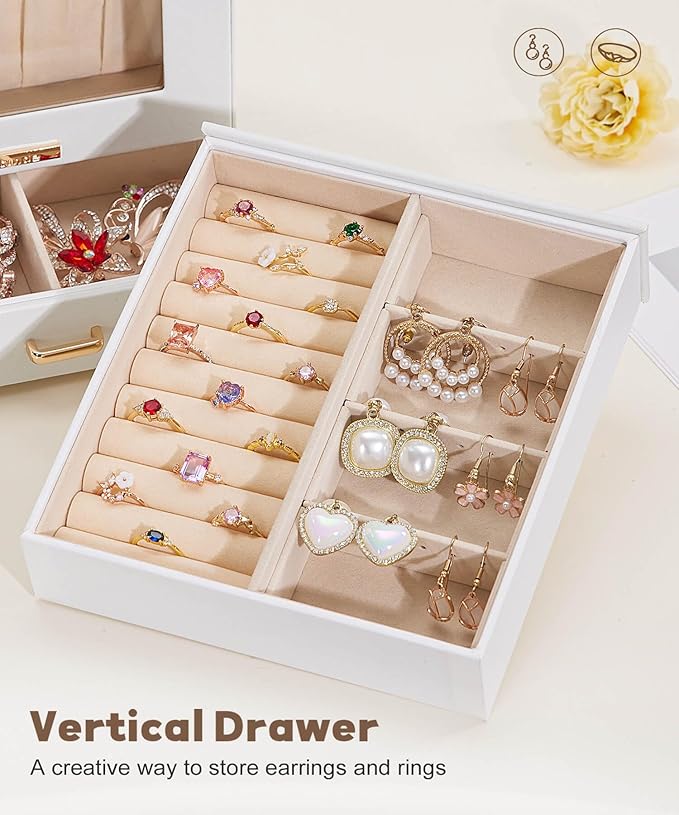 Homde Jewelry Organizer Girls Women Jewelry Box for Necklaces Rings Earrings Gift Bracelets Storage Case (White + Gold)