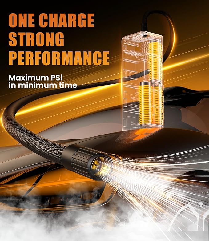 One-charge strong performance portable air compressor inflating car tire on road
