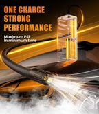 One-charge strong performance portable air compressor inflating car tire on road

