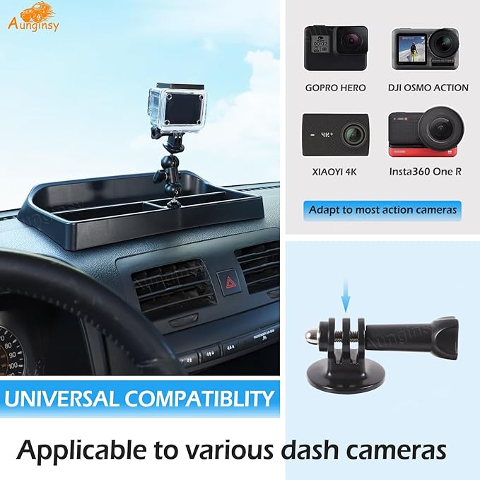 Aunginsy Center Console Dashboard Storage Organizer Tray with Dash Cam Mount Holder Compatible with Hummer H3 2005-2009, Car Cameras Bracket for Go pro/Action Camera Video Record Accessories