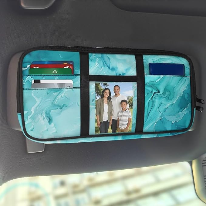 Green Marble Car Sun Visor Organizer, Auto Interior Visor Storage Pouch Holder with Zipper, Multi-Pocket Visor Organizer Storage Universal Cars Accessories for Card, Document