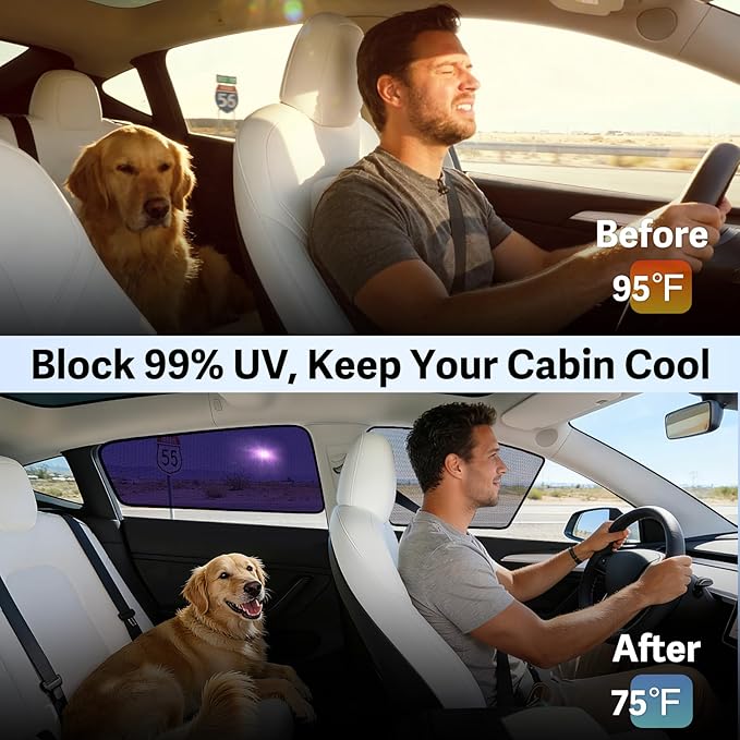 ZATOOTO Tesla Model Y Car Window Shades 4Pack | Clear for Safe Driving | Bluish-Purple for Passenger Comfort | UV Protection | Static Cling Side Window Sun Shade Blocker with Storage Bag | 2020-2024 |