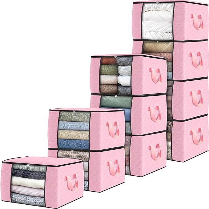 Fab totes 10 Pack Clothes Storage, Foldable Thick Fabric Blanket Storage Bags, Containers for Organizing Bedroom, Closet, Clo