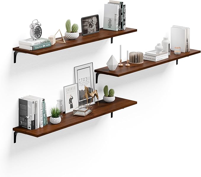 12 Inch Deep Floating Shelves Set of 3, 48 Inch Extra Wide Rustic Walnut Solid Wood Wall Shelves, 4ft Heavy Duty Farmhouse Wa