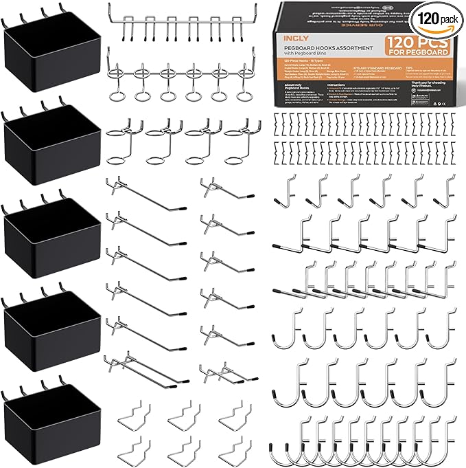 INCLY 120PCS Pegboard Accessories Organizer Kit, Peg Board Hooks Assortment with Bins for Organizing Various Tools, Fit 1/8 o