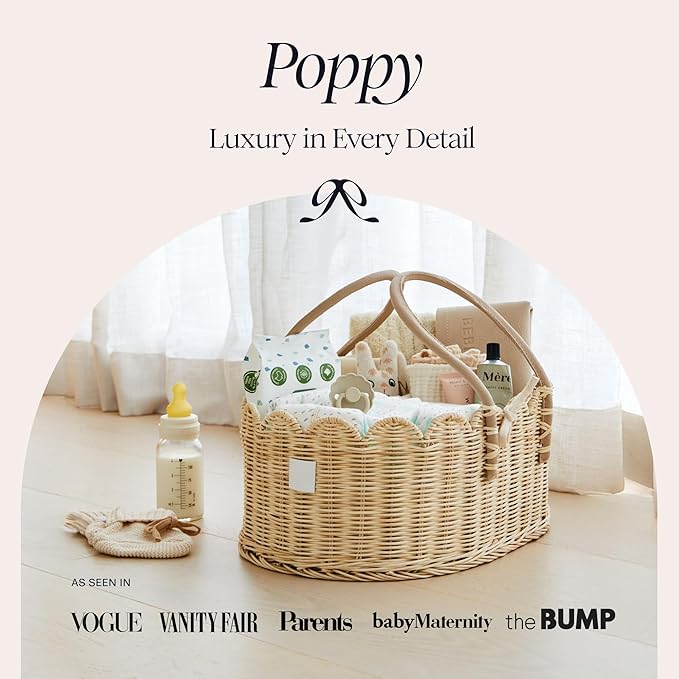 BEBE BASK Premium Baby Diaper Caddy Organizer - Handmade & Award-Winning Scalloped Rattan Basket - Luxury Diaper Caddy Basket