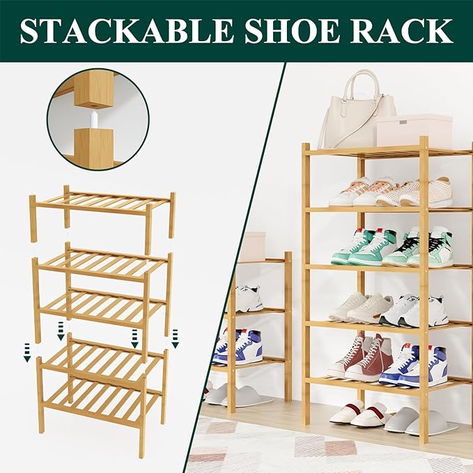 Smiry Shoe Rack, 6 Tier Small Bamboo Shoe Organizer, Stackable Free Standing Wooden Shoe Storage Shelf for Closet, Entryway, 