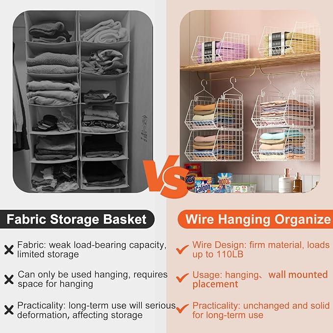 X-cosrack 6 Tier Closet Hanging Organizer, Clothes Hanging Shelves with 4 Hanging Hooks 5 S Hooks, Wire Storage Basket Bins, 