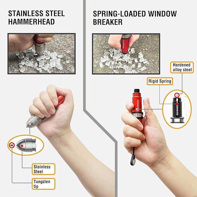 4-in-1 Car Emergency Escape Tool, Spring-Loaded Window Breaker & Seatbelt Cutter with Tungsten Steel Hammerhead, Anti-Slip Lu