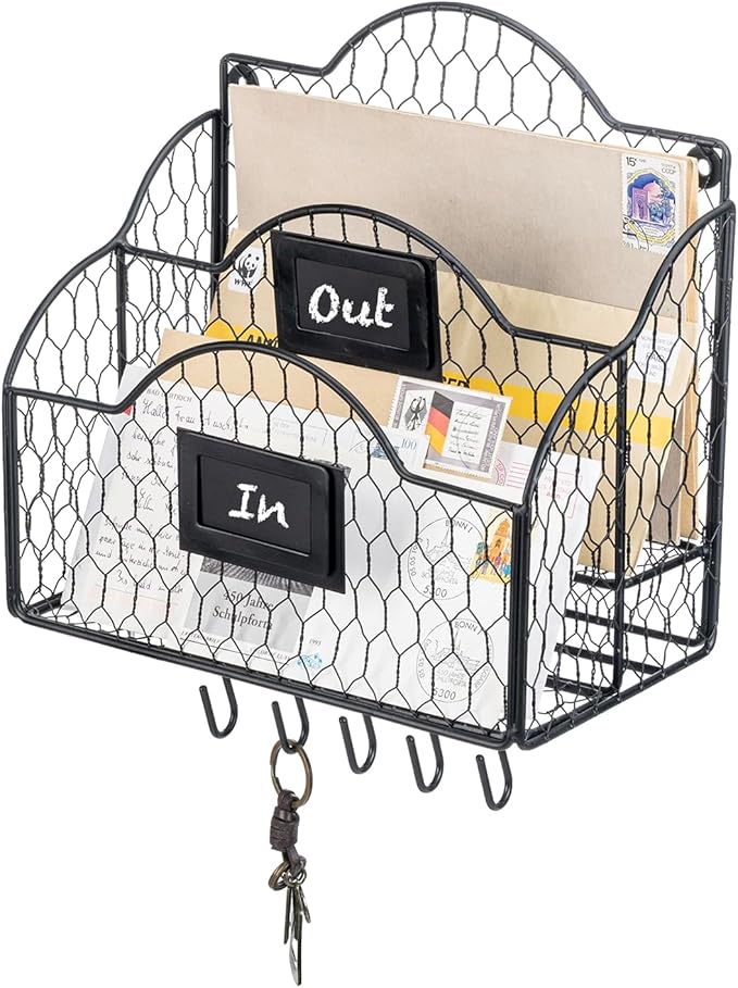 MyGift 2 Compartment Mail Inbox/Outbox Sorter, Wall Mounted Modern Black Metal Wire Entryway Organizer Basket for Mails, Bill