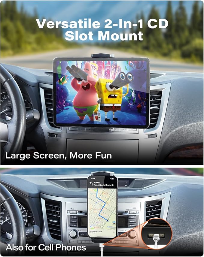APPS2Car for Sturdy iPad Holder for Car CD Slot Tablet Mount, 2-in-1 Universal 4.7-13" Holder for iPad Pro 12.9" 13" Air Mini, iPhone, Galaxy Z Fold, Adjustable 360° Rotation, Road Trip Essentials