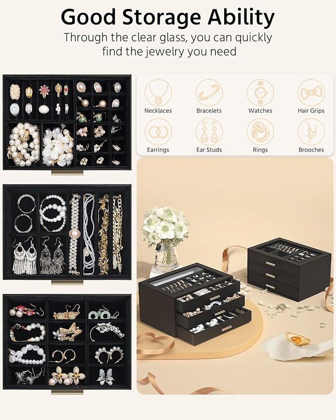AKOZLIN Jewelry Box with Clear Lid Functional Leather Jewelry Storage Organizer Case 3 Drawers for Women Girls Necklace Ring 