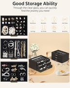 AKOZLIN Jewelry Box with Clear Lid Functional Leather Jewelry Storage Organizer Case 3 Drawers for Women Girls Necklace Ring 