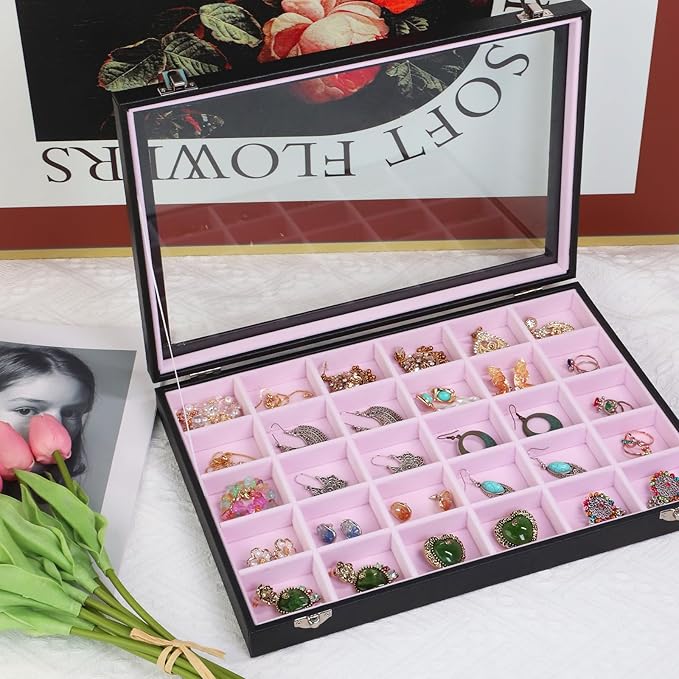 Stratalife Jewelry Organizer Earring Holder Jewelry Tray with Lid Earring Storage Drawer Organizer Earring Ring Storage for W