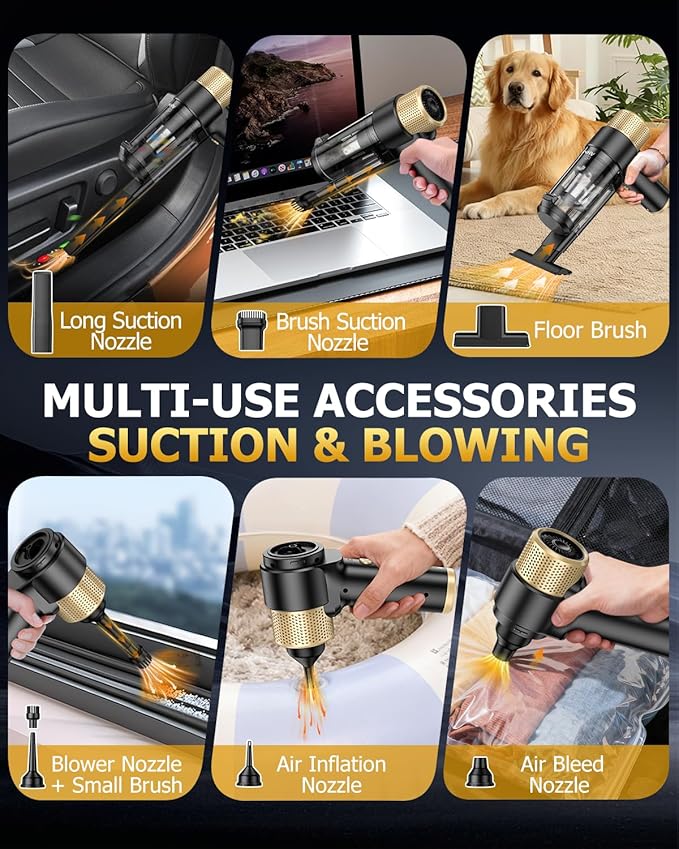 AHNR Handheld Car Vacuum Cleaner Cordless with 16000PA Powerful Suction, 4-in-1 Portable Mini Vacuum Cleaner & Air Duster wit