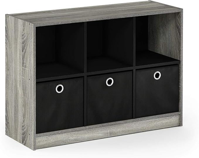 Furinno Basic 3x2 Cube Storage Bookcase Organizer with Bins, French Oak Grey/Black